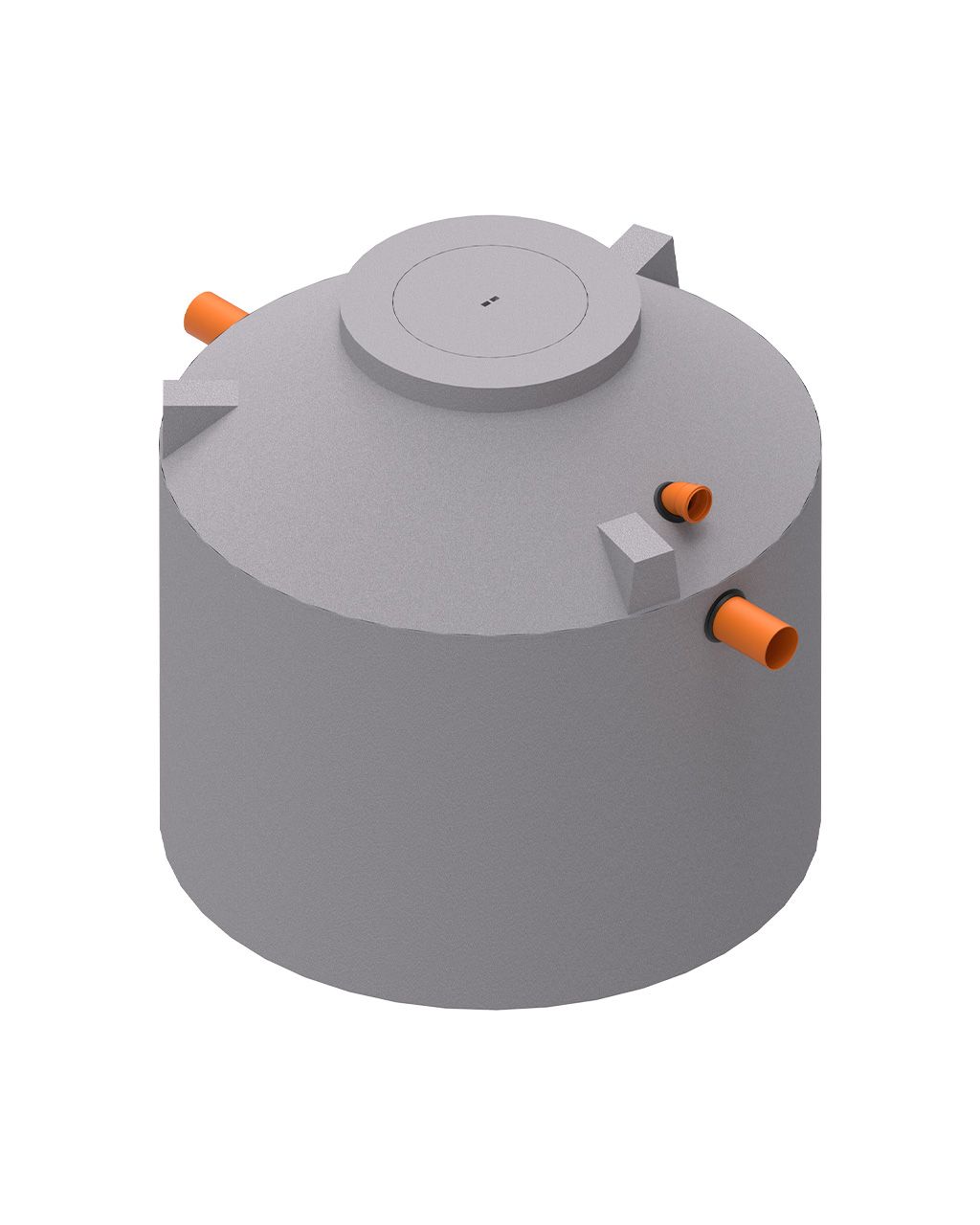 MENK 1-Kammergrube S13, Monolith-Betonbehälter mit zentralem Einstieg und zwei orangefarbenen Zu- und Abläufen.