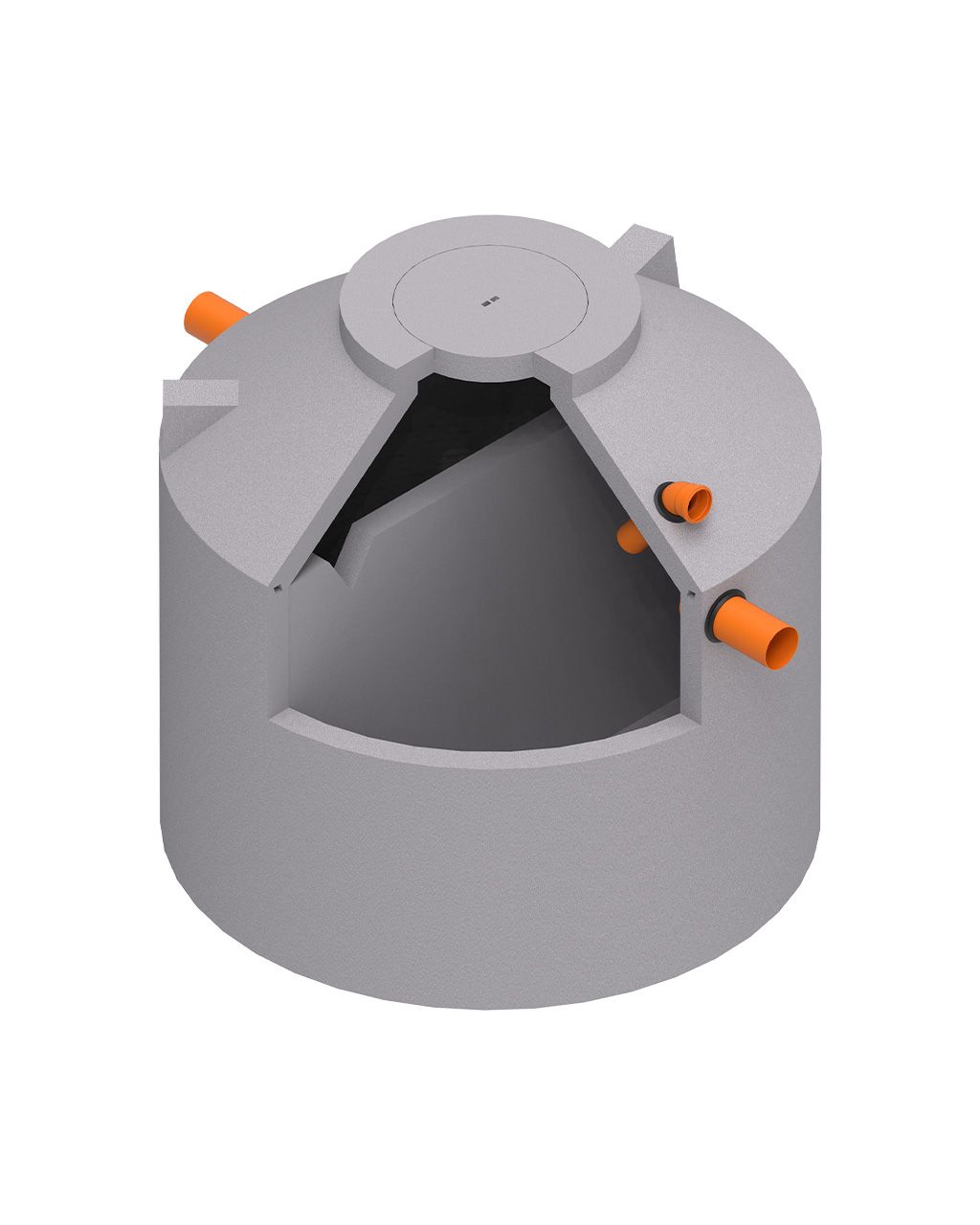 MENK 2-Kammergrube S14 aus Beton, Monolith-Design, mit diagonaler Trennwand und zwei orangefarbenen Anschlüssen.