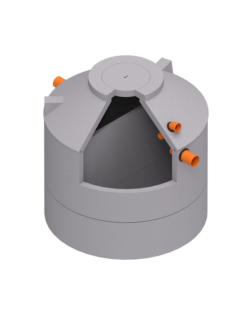 MENK 2-Kammergrube S26, Ringbauweise aus Beton, Querschnitt mit schräger Trennwand und drei orangenen Rohren.