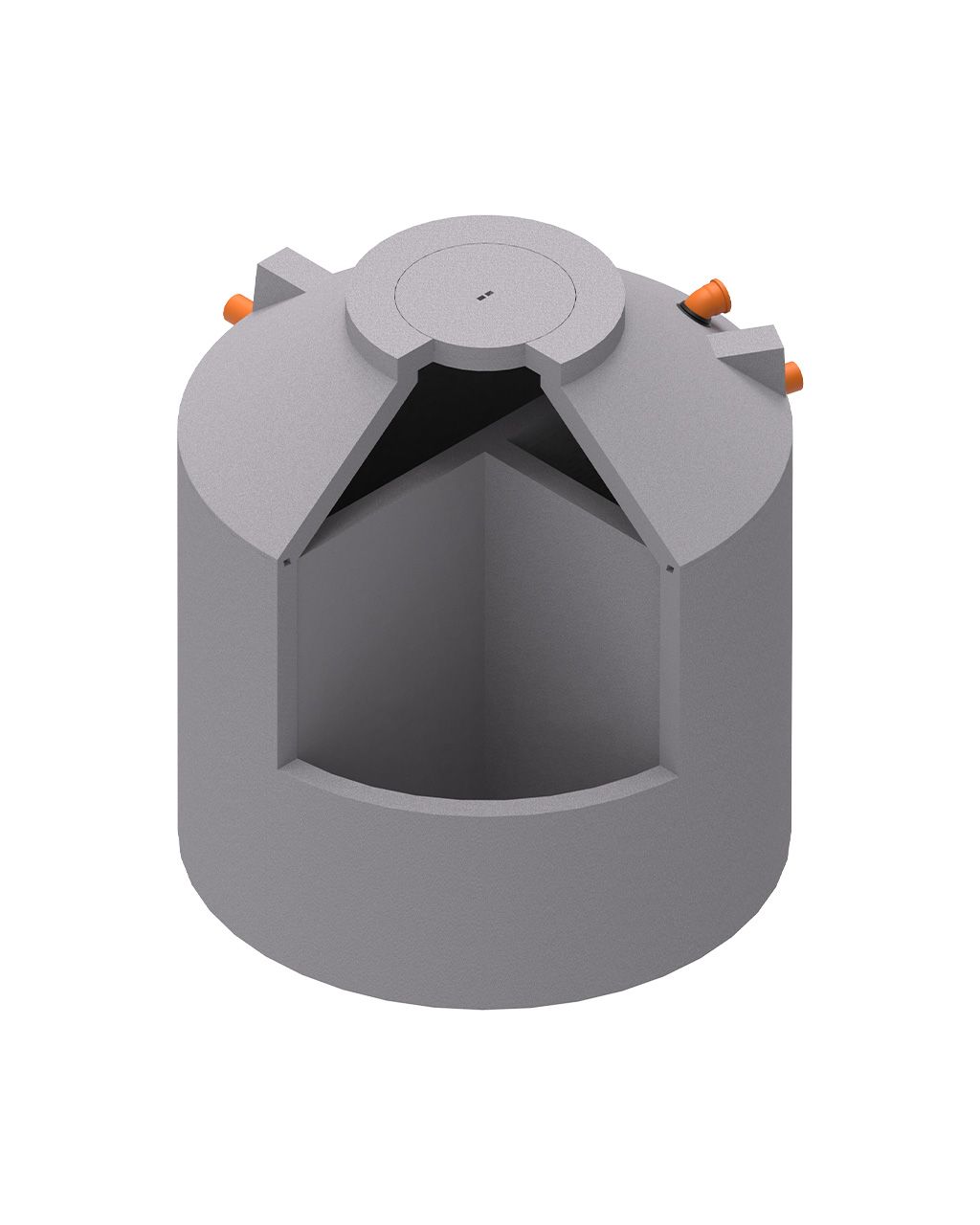 MENK 3-Kammergrube S15 aus Beton, Monolith-Design, mit dreifacher Trennung für Kläranlagen und orangefarbenen Rohren.