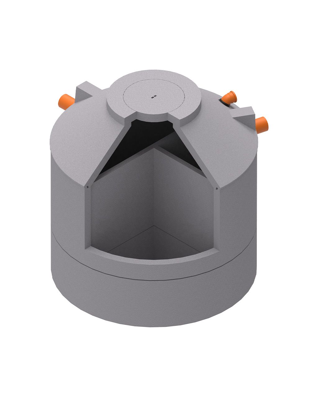 MENK 3-Kammergrube S27, Ringbauweise aus Beton, Querschnitt mit doppelter Trennung und drei orangenen Anschlüssen.