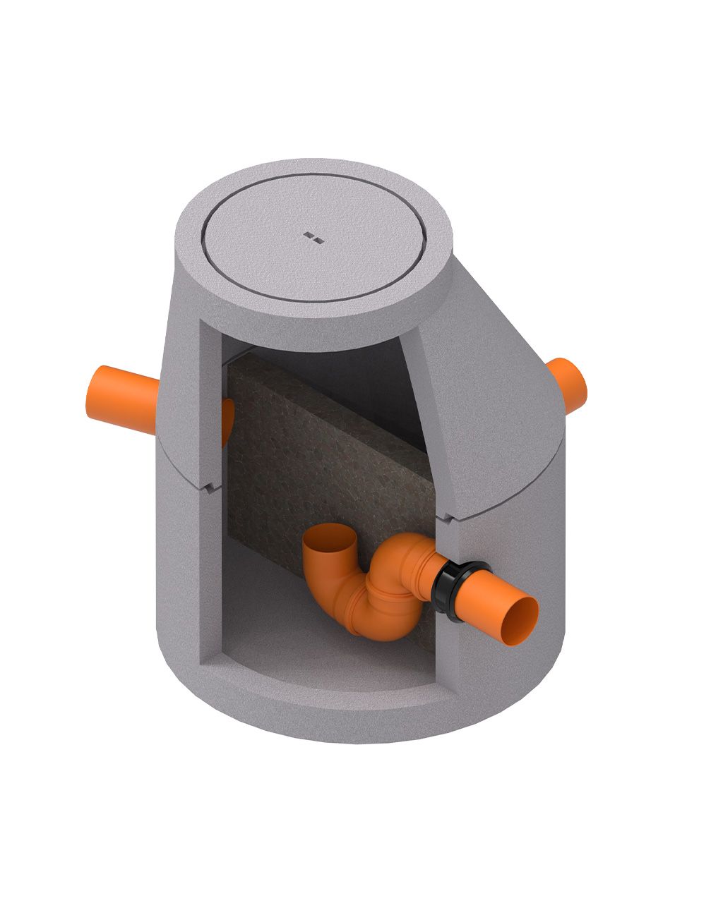 MENK Feinstfilter S10 aus Beton für Regenwasser, mit Filtermaterial und U-förmigem orangefarbenem Rohr.