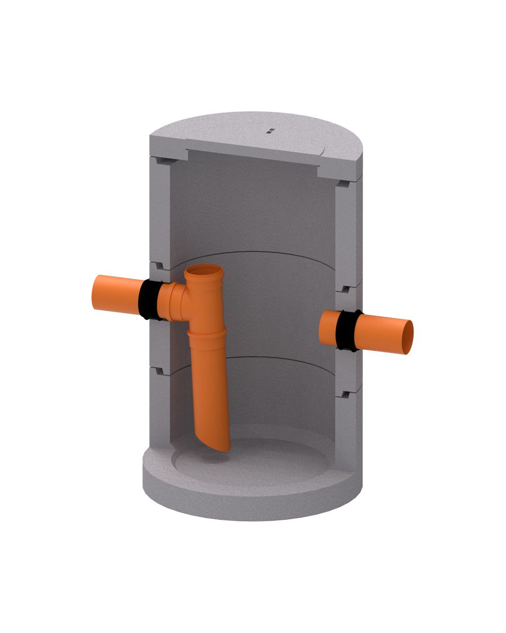 MENK Probenahmeschacht S35 aus Beton mit integriertem orangefarbenem Sedimentationsrohr und Zulauf/Ablauf.