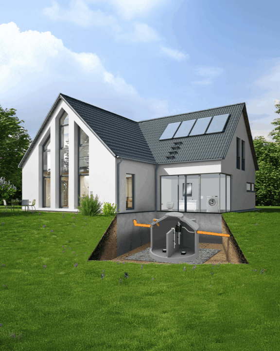 Schematische Darstellung: Einbau der SSB STABI-KOM Kläranlage im Betonbehälter