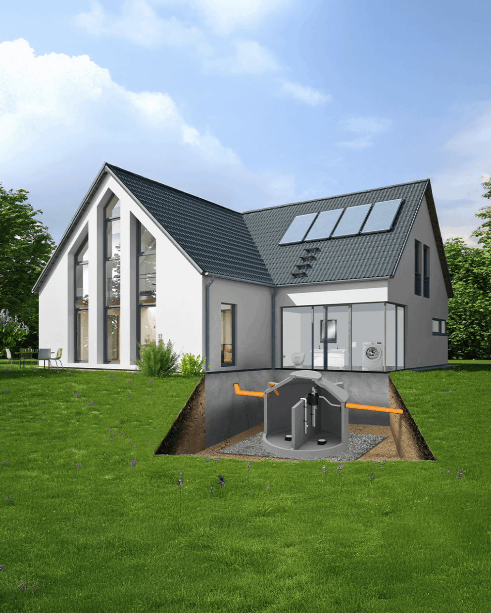 Schematische Darstellung: Einbau der SSB STABI-KOM Kläranlage im Betonbehälter