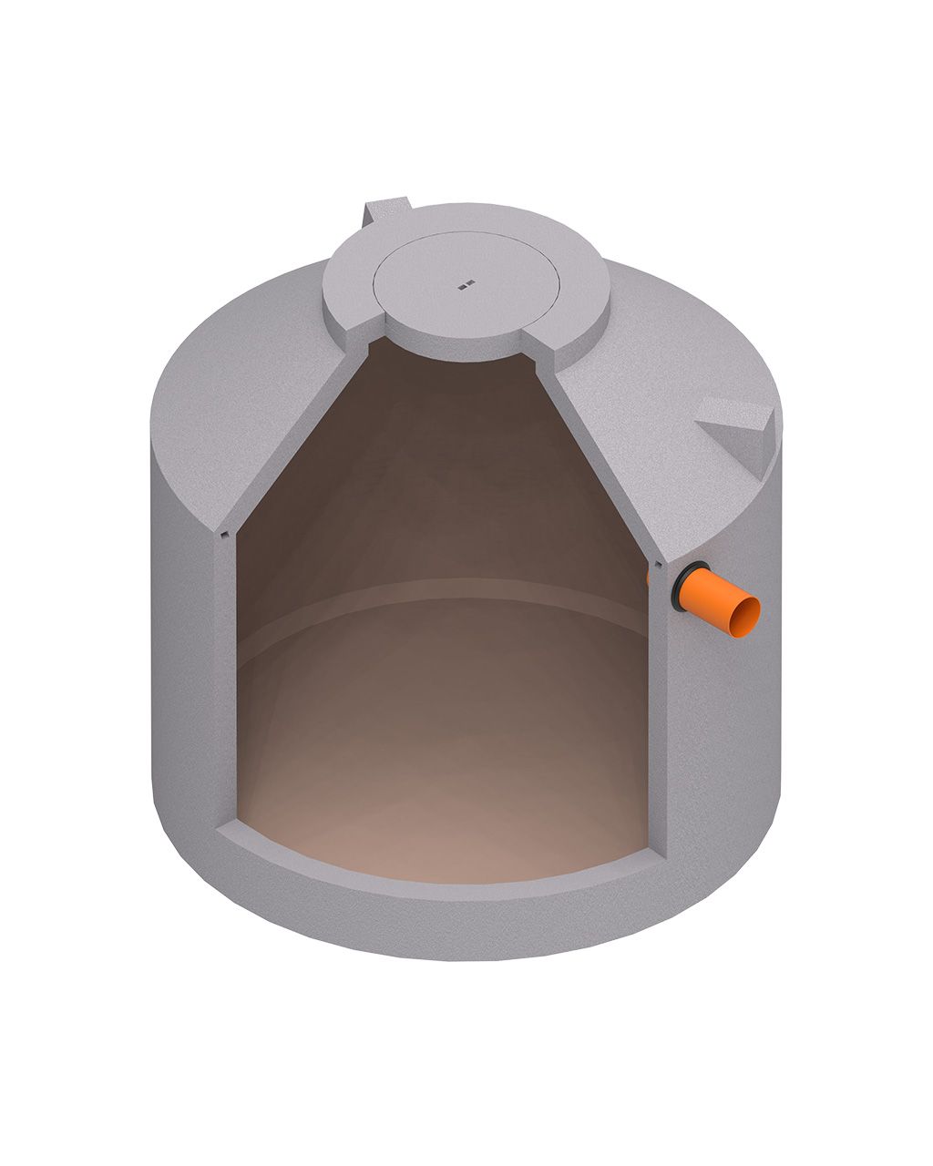 MENK Sickersaftbehälter, Monolith-Design S17 aus Beton, Querschnitt mit orangefarbenem Rohranschluss.