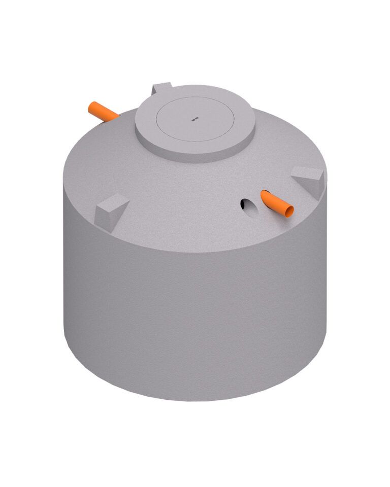 MENK Regenwasserzisterne S12, geschlossener Monolith-Betonbehälter mit zwei orangefarbenen Zulaufanschlüssen.